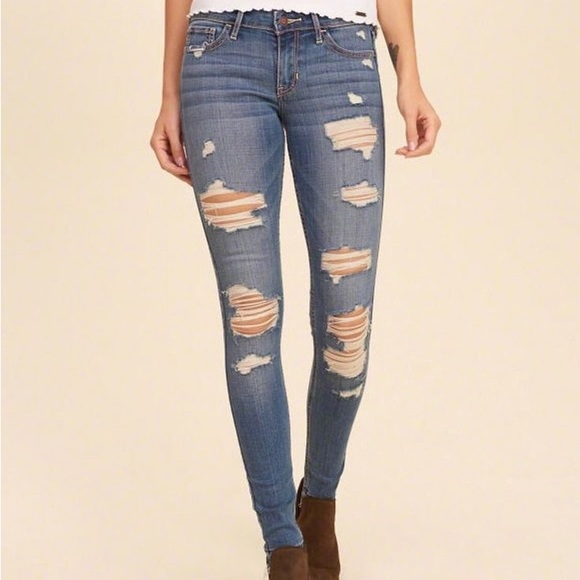 Hollister Distressed Medium Wash Midrise Ripped Skinny Jeans - Picture 1 of 7